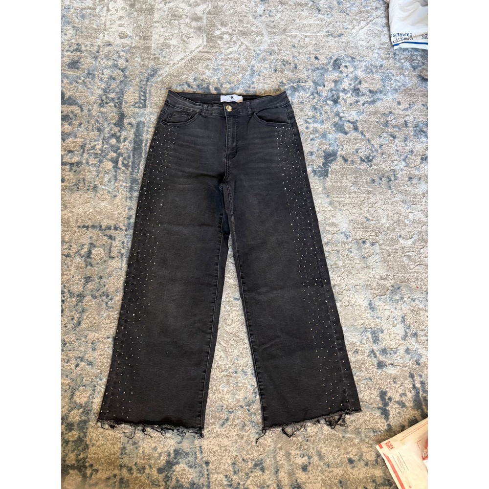 Flying Angel Studded Wide Leg Jeans Black Size 7/28 Rhinestone Raw Hem